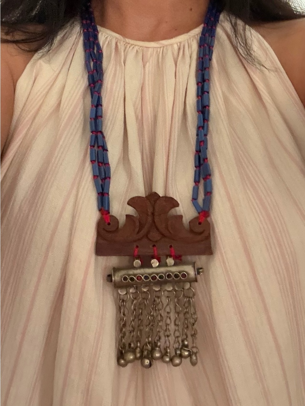 Boho Blue Braided Necklace with Wood & Silver Tassels